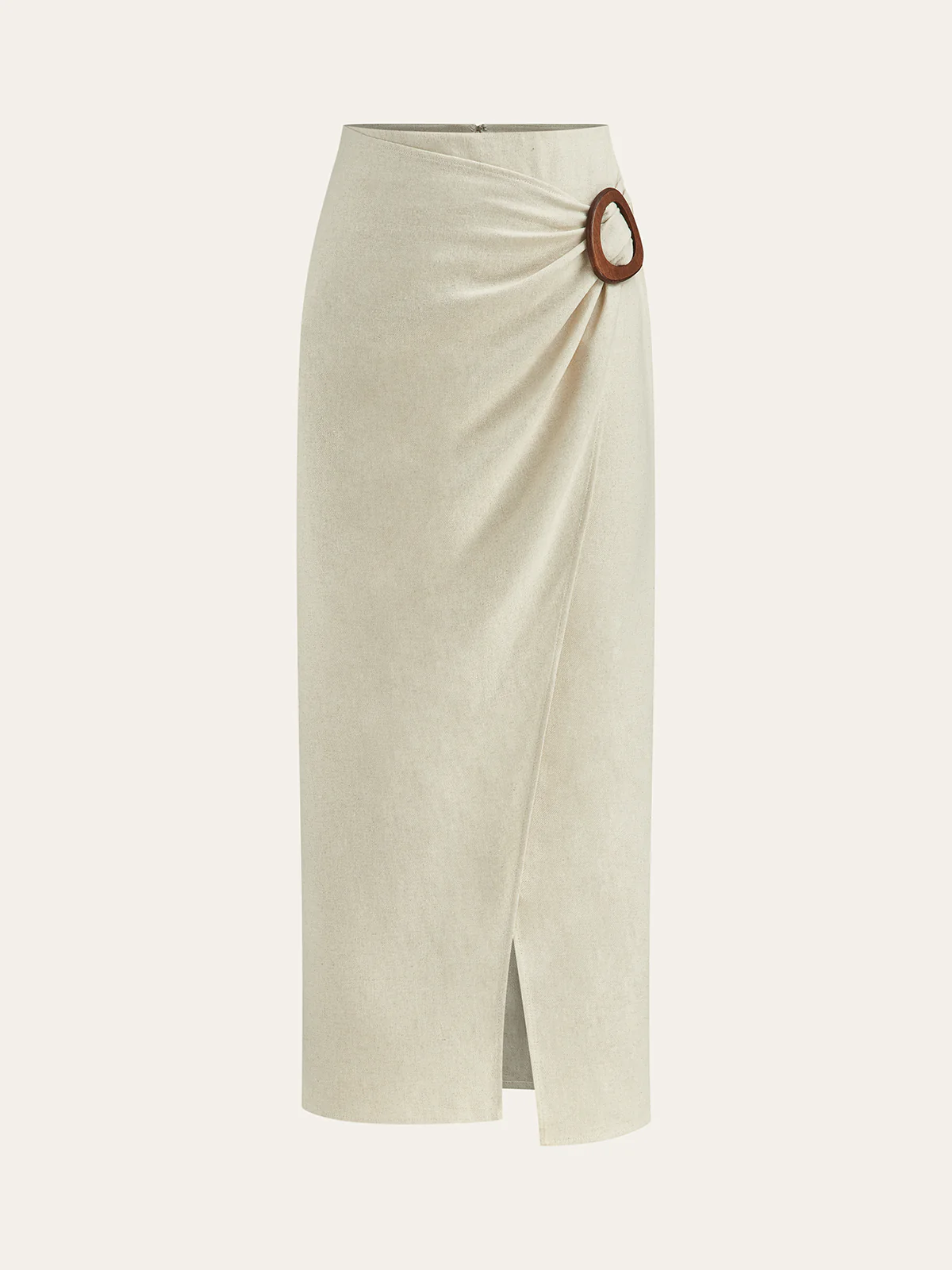 Linen Blend Wrap Midi Skirt with Wooden Buckle - Takermore