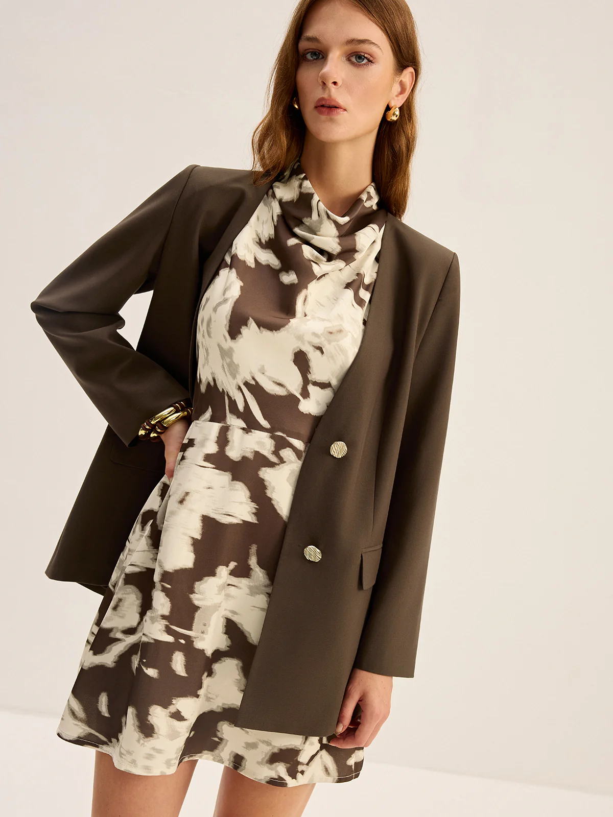 Blurry Print Cowl Neck Mini Dress - Takermore