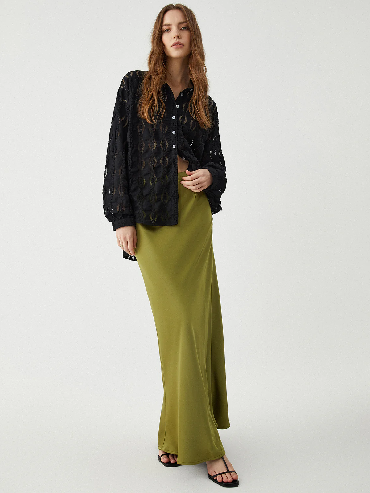 Semi-Sheer Floral Lace Button Up Shirt - Takermore