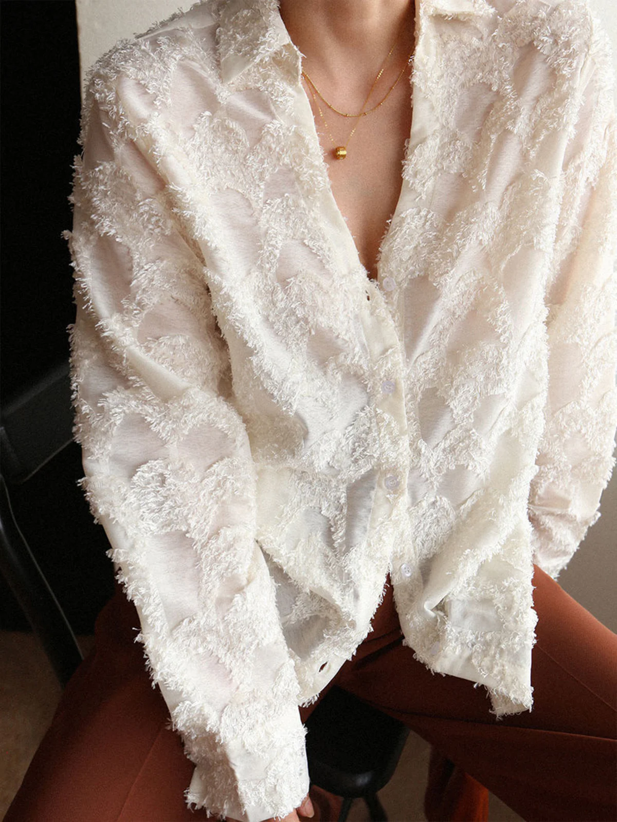 Semi-Sheer Jacquard Floral Collared Shirt - Takermore