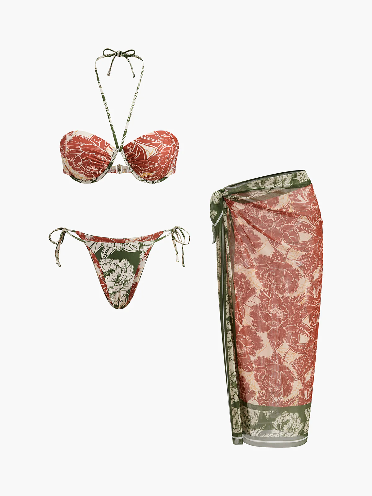 Floral Bikini Set With Tie Side Skirt - Takermore