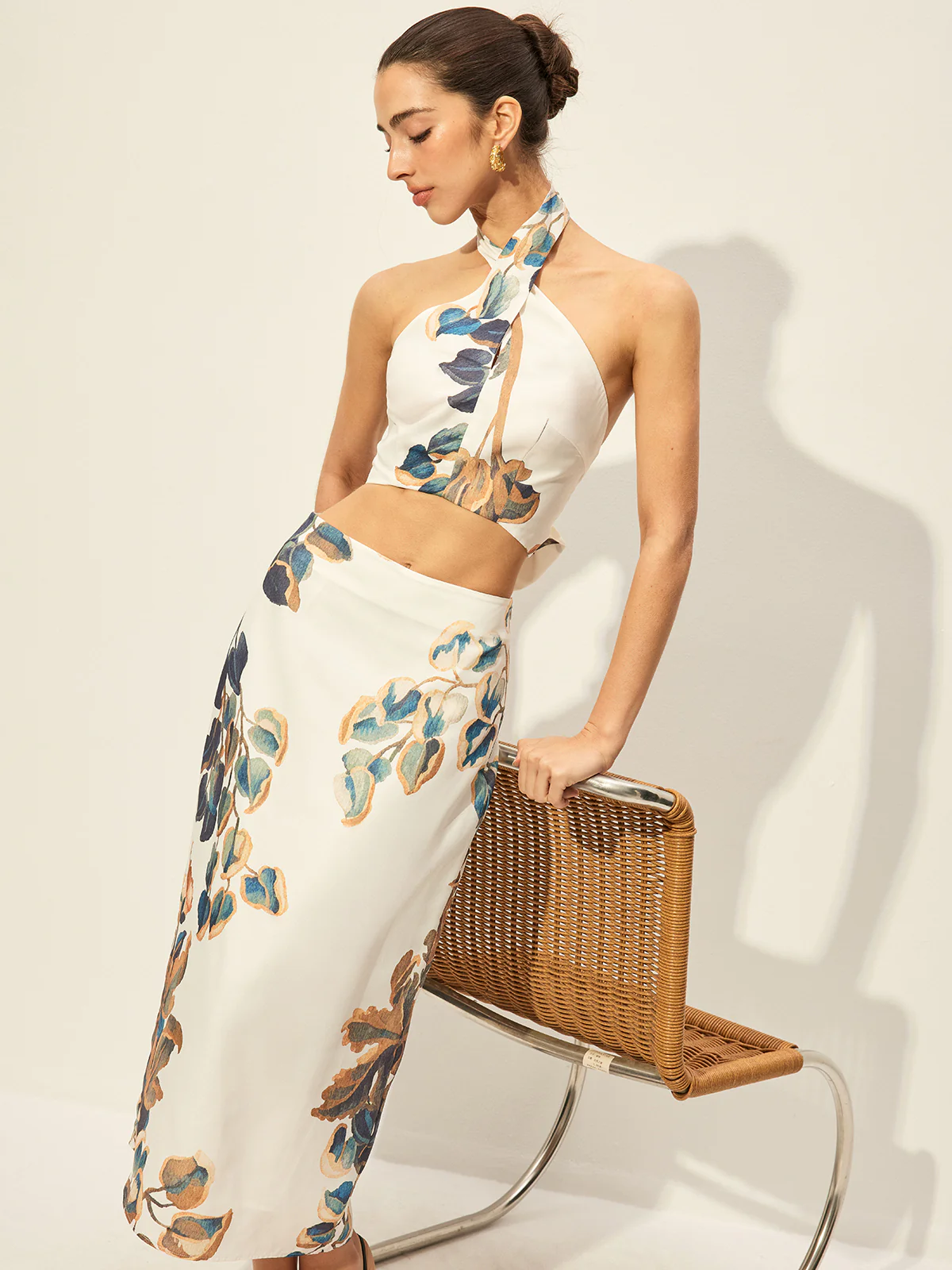 Floral Print Halter Top With Skirt Set - Takermore