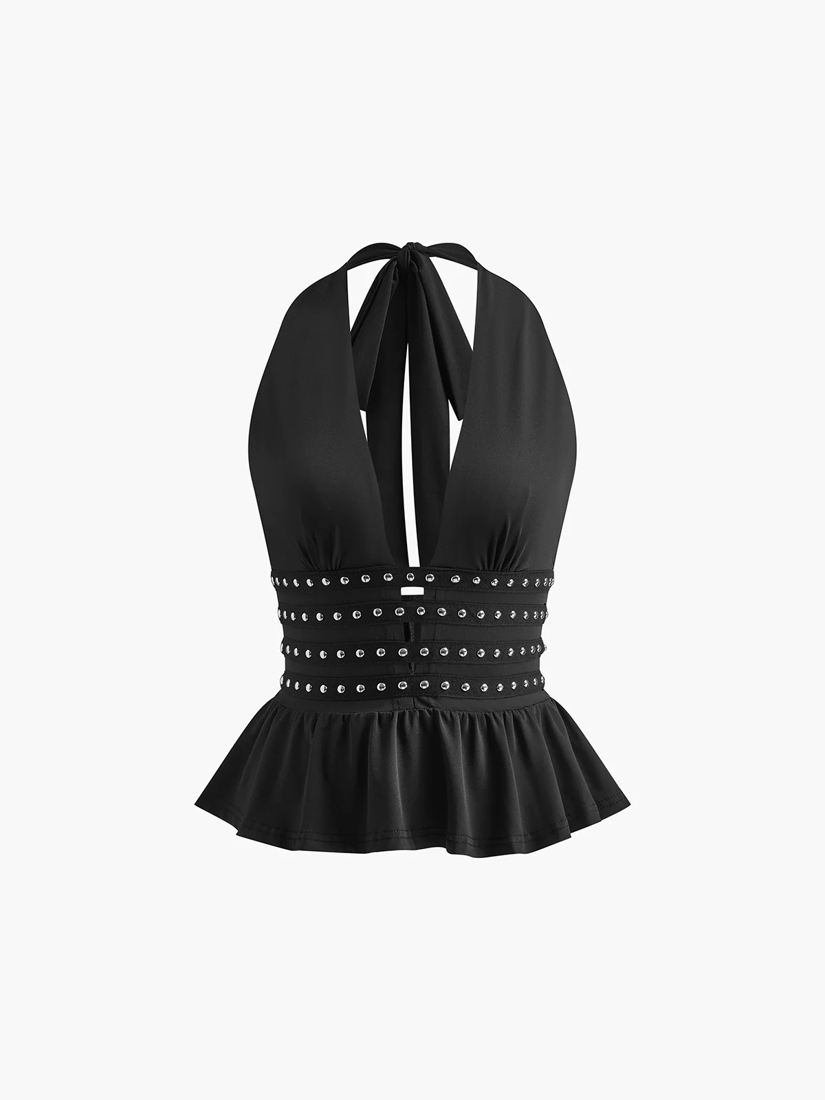 Studded Detail Ruffle Halter Top - Takermore