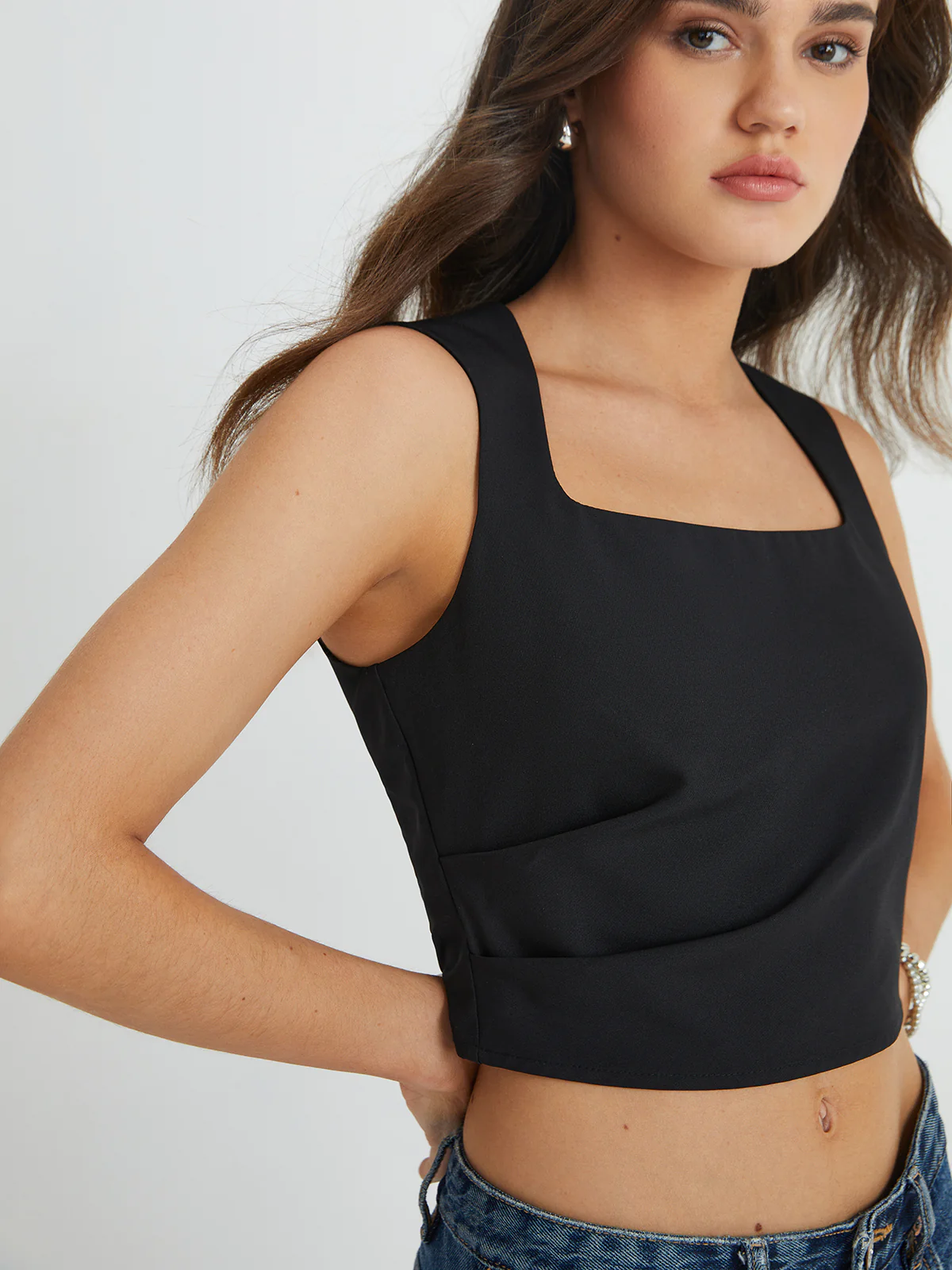 Solid Square Neck Pleated Strappy Top - Takermore