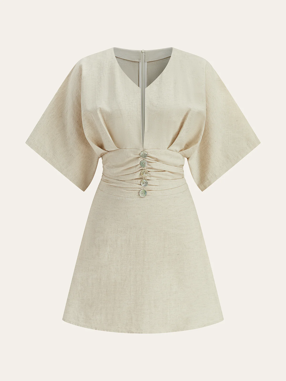 Cotton & Linen Ruched Button Detail Mini Dress - Takermore