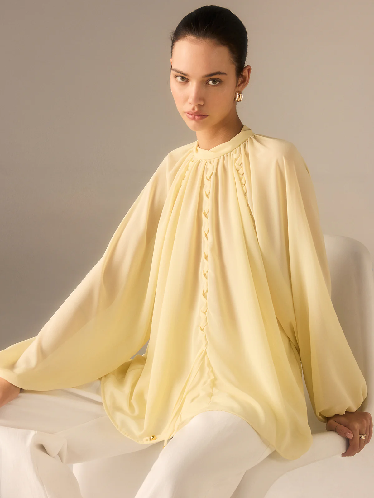 Semi-Sheer Chiffon Stand Collar Blouse with Braided Detail - Takermore