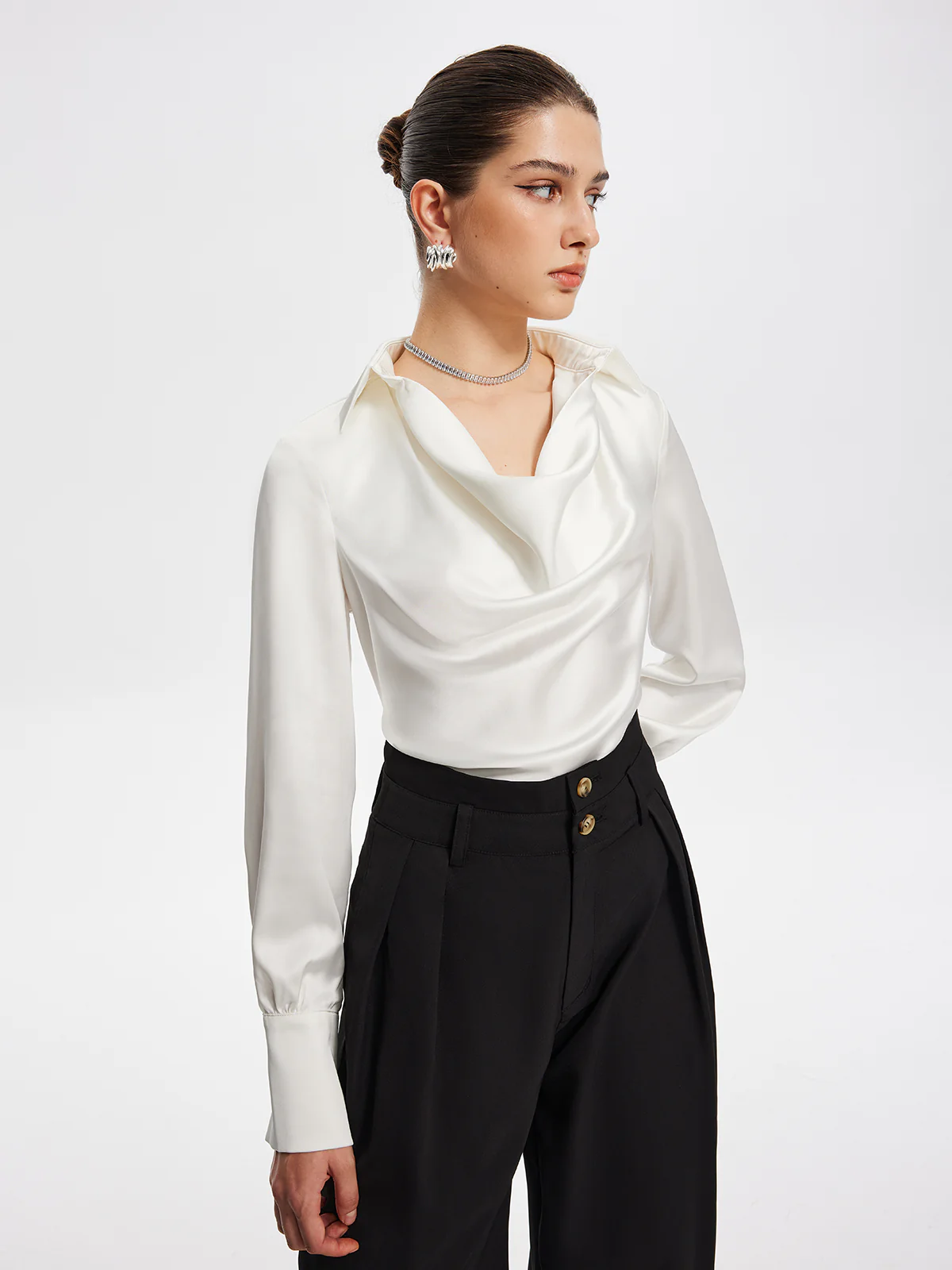 V-Neck Pleated Long Sleeve Blouse - Takermore