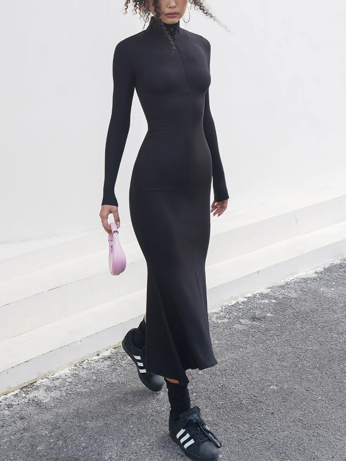 Leisure Mock Neck Long Sleeve Midi Dress - Takermore