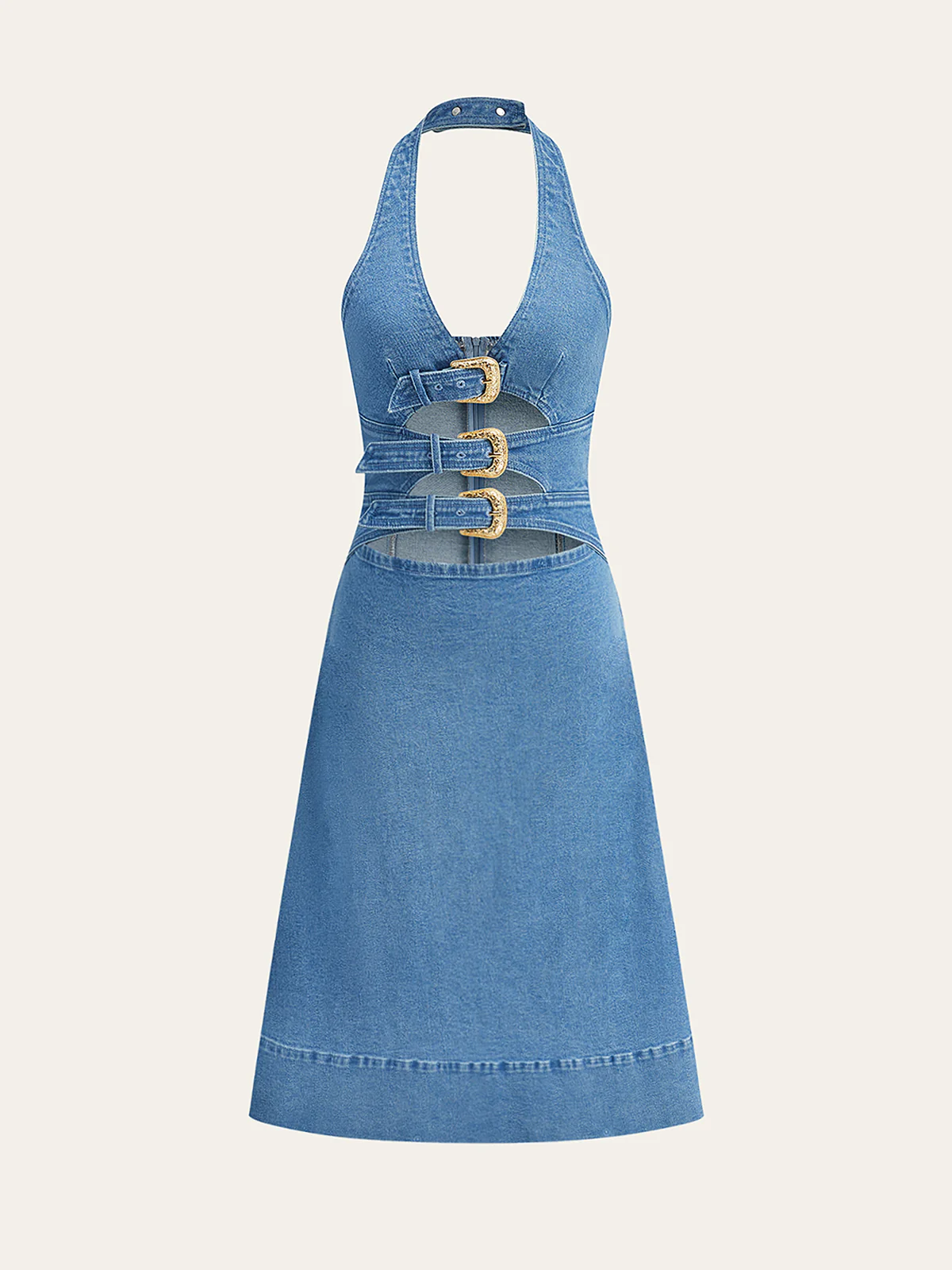 Halter Neck Cut-Out Denim Dress - Takermore