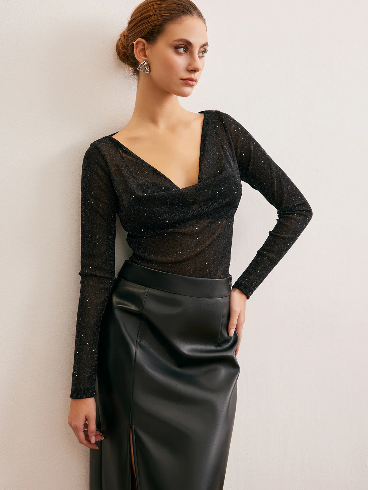 Semi-Sheer Cowl Neck Sequins Thin Blouse - Takermore