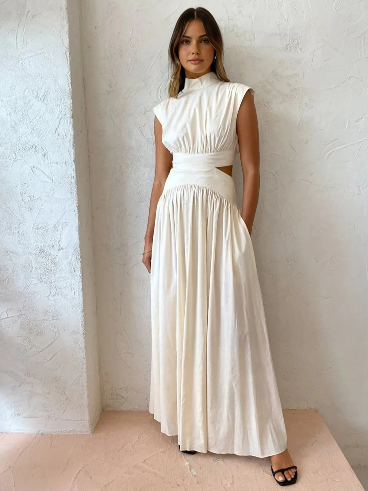 Mock Neck Cut Out Long Dress - Takermore