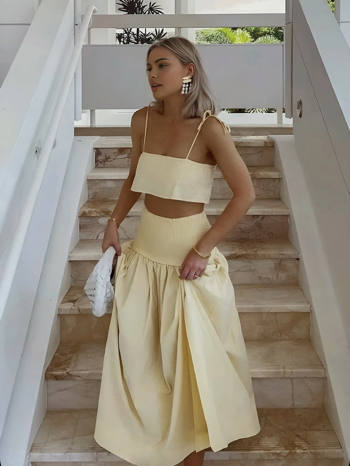 Shirred Waist Split Thigh Skirt Set - Takermore