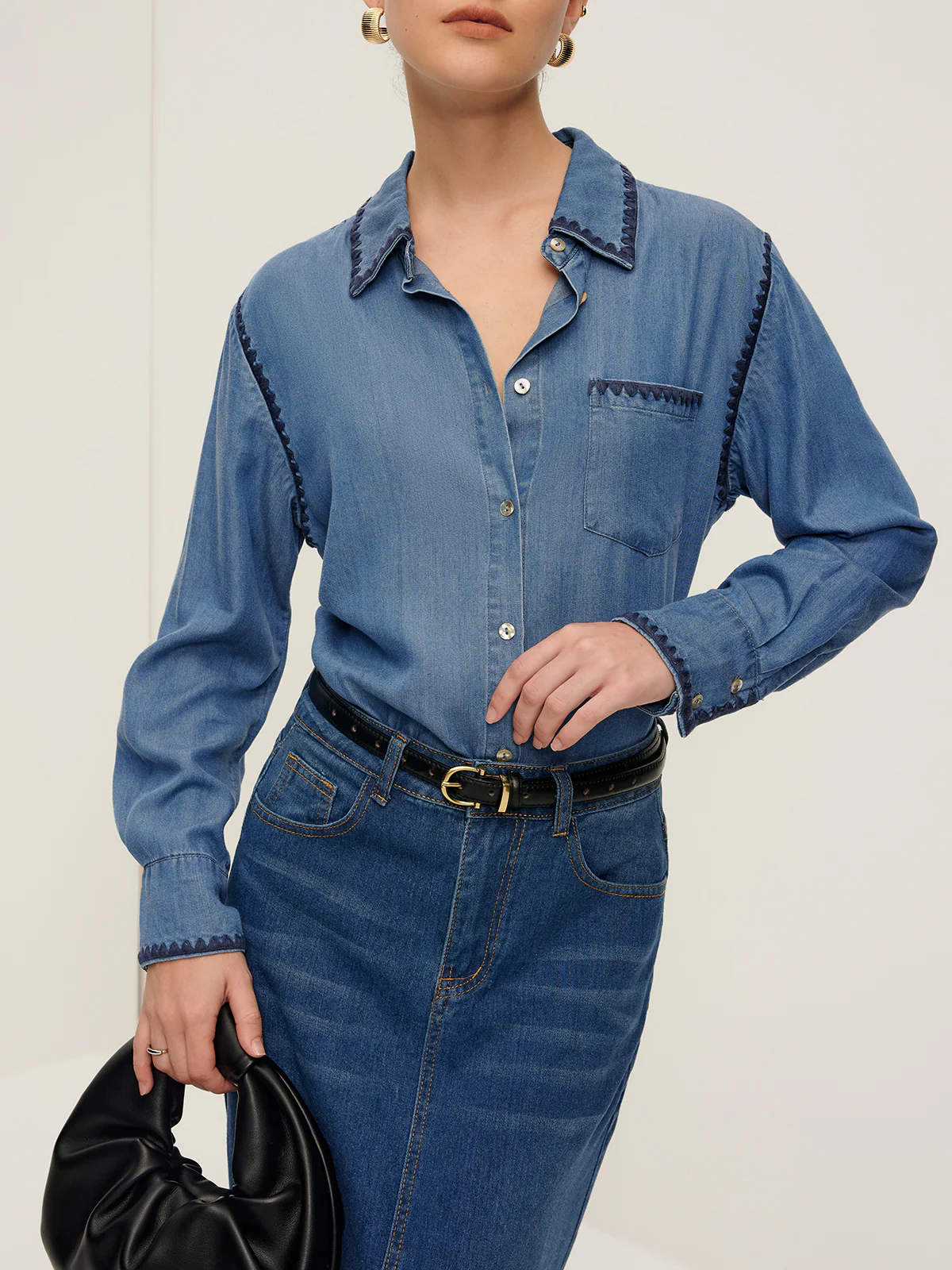 Embroidered Trim Lapel Denim Shirt - Takermore