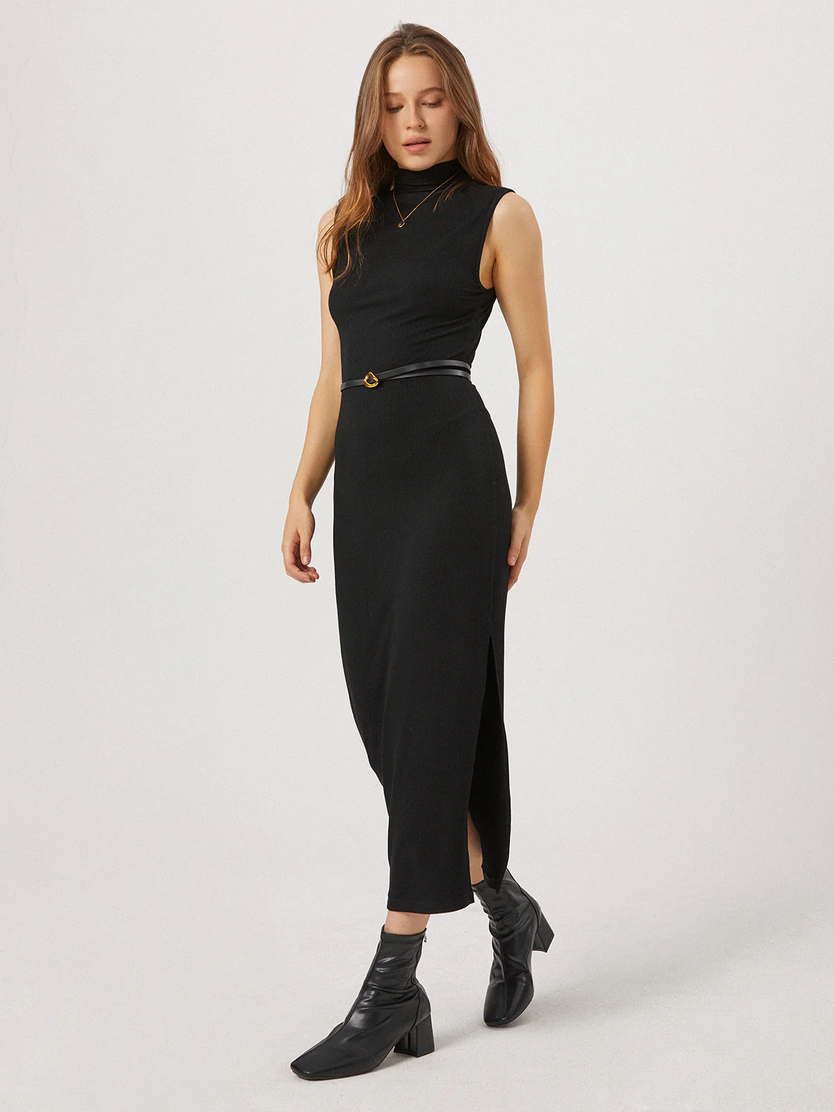 Opening Night Slit Mock Neck Long Dress - Takermore