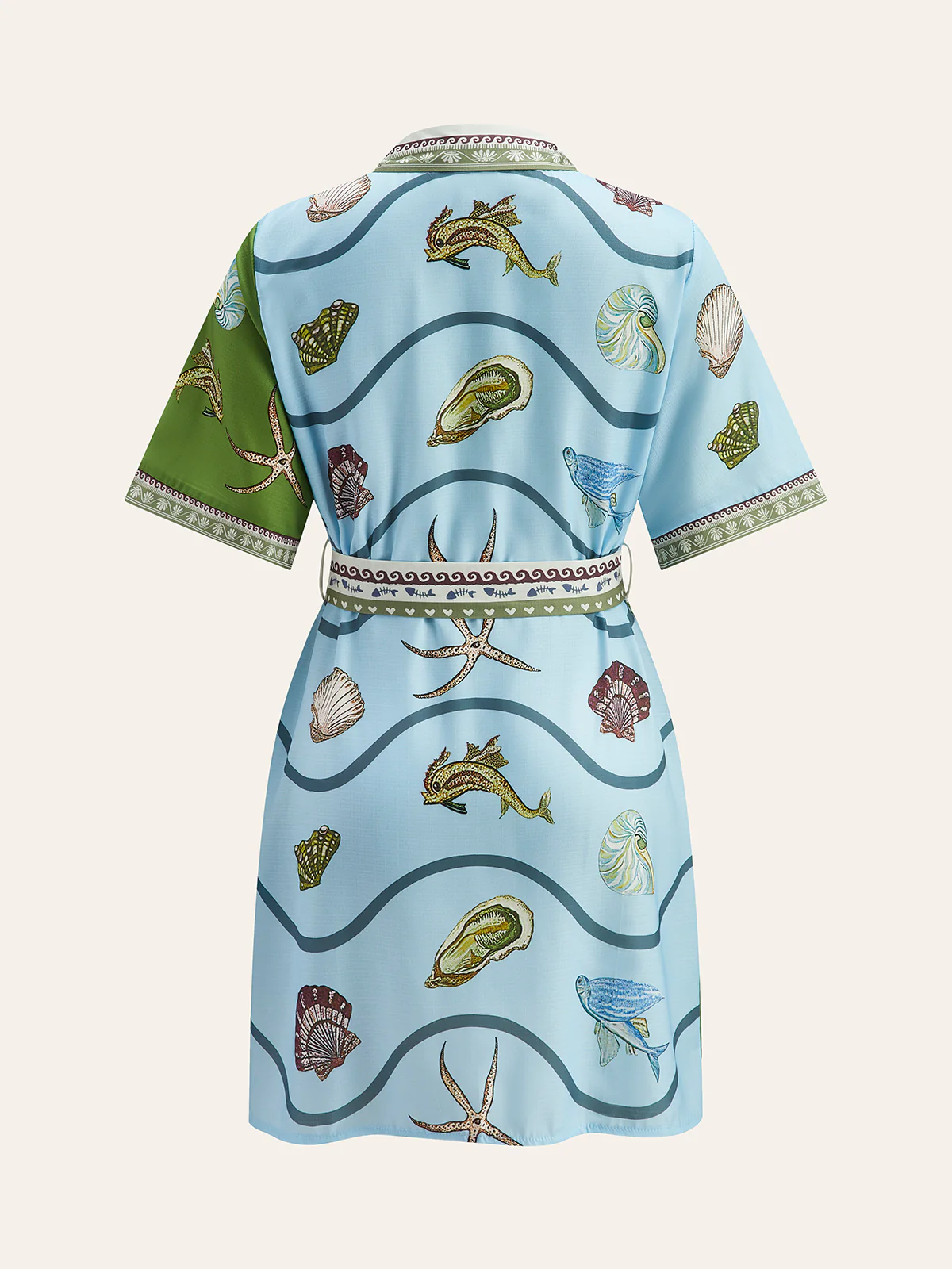 Button-Down Collar Aquatic-Print Shirt With Belt - Takermore