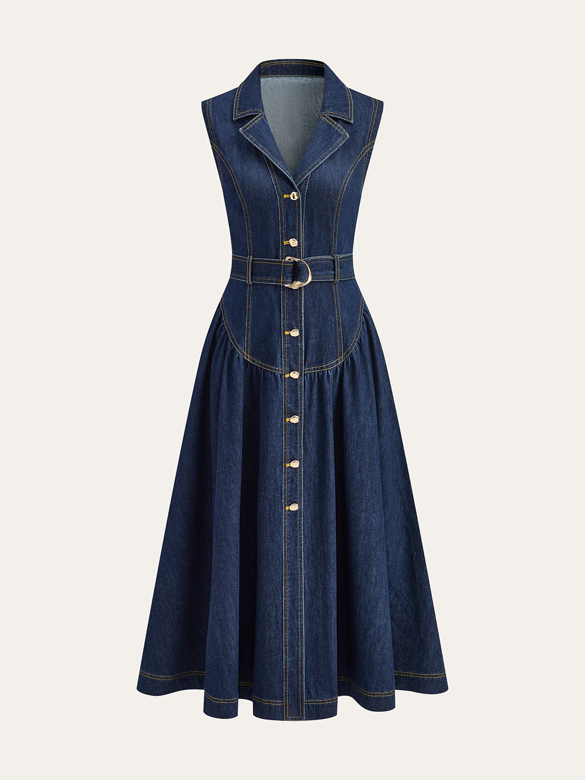 Metal Detail Denim Button-Front Belted Dress - Takermore