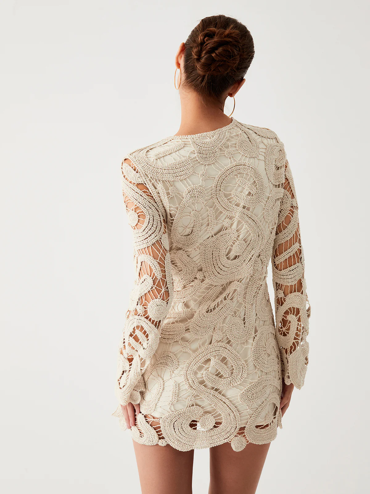 Crochet Paisley Long Sleeve Short Dress - Takermore