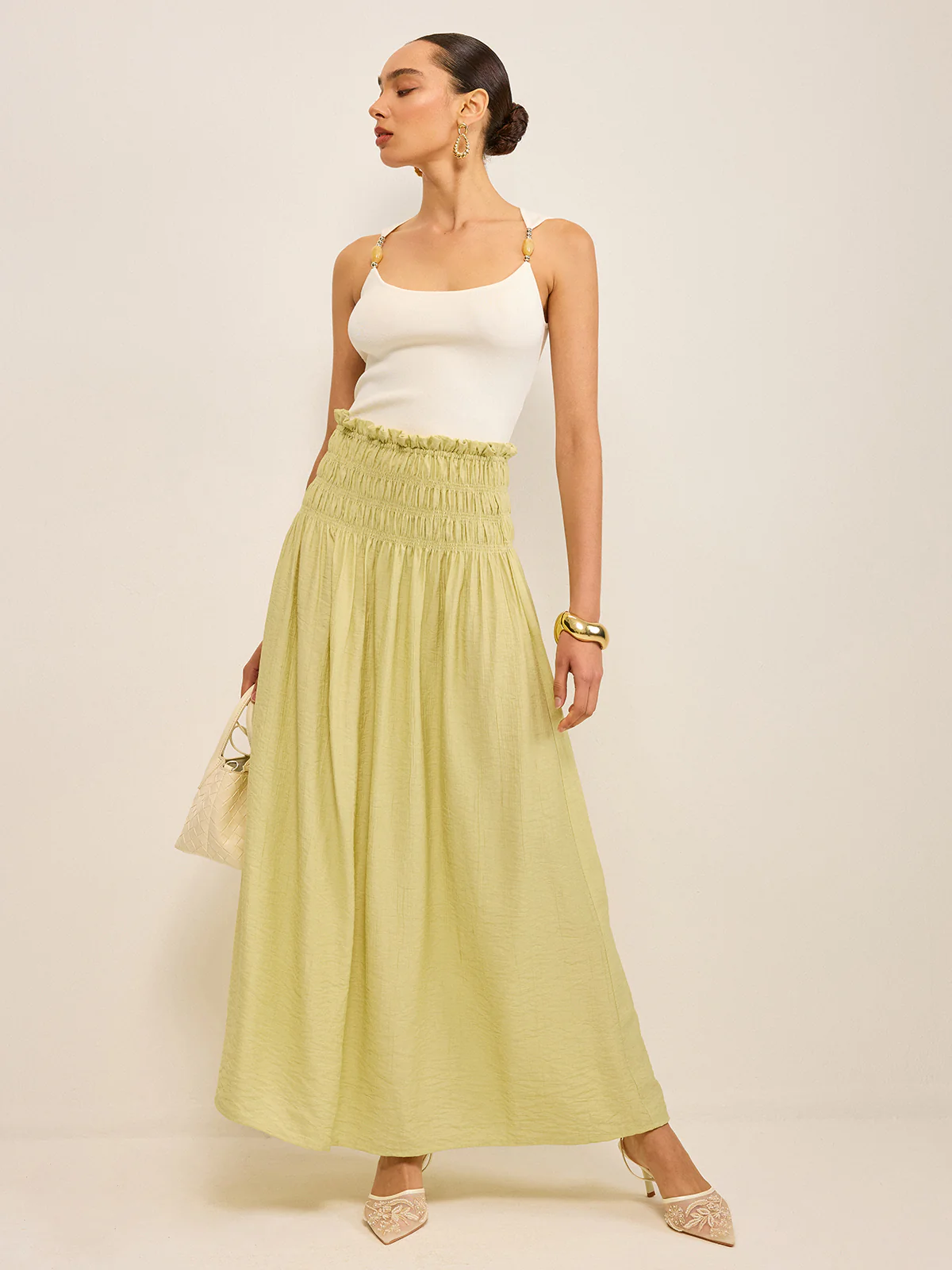 Pleated Linen Smocked Maxi Skirt - Takermore