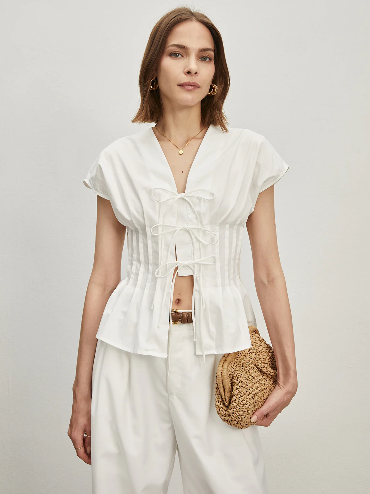 Cotton Pleated Knotted Blouse - Takermore
