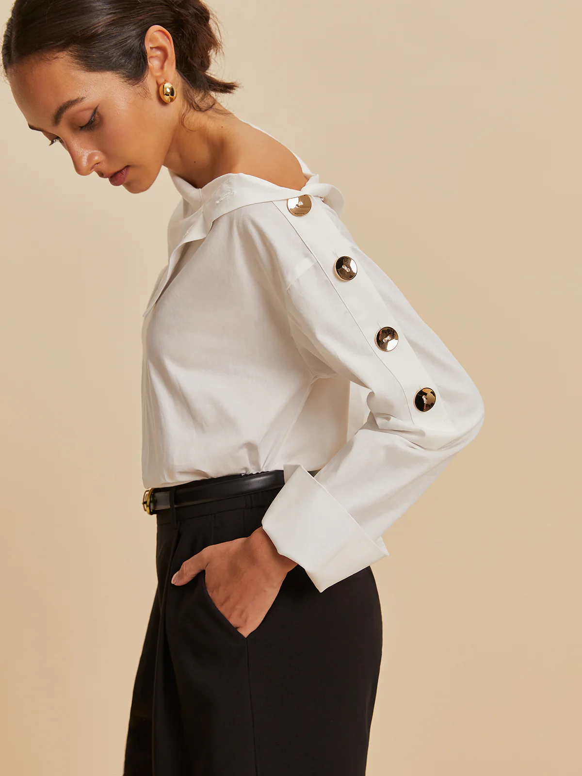Cotton Asymmetrical Metal Button Shirt - Takermore
