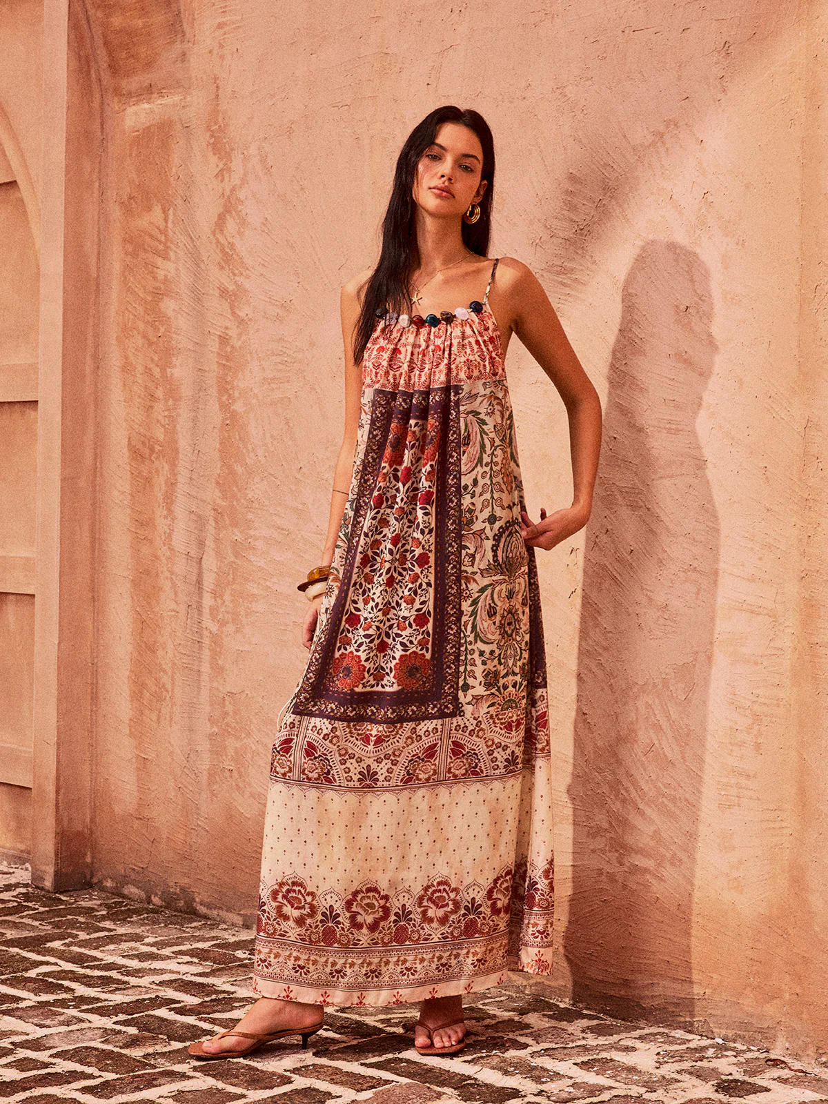 Paisley Printed Beaded Maxi Dress - Takermore