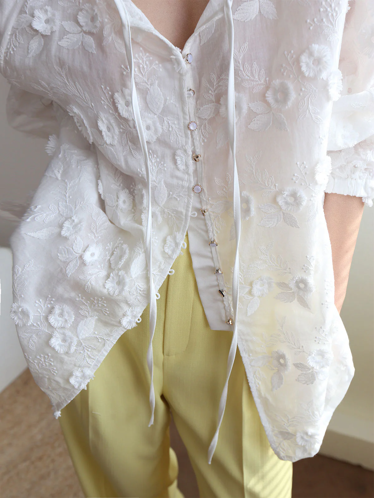 Oversized Semi-Sheer Embroidered Floral Blouse - Takermore