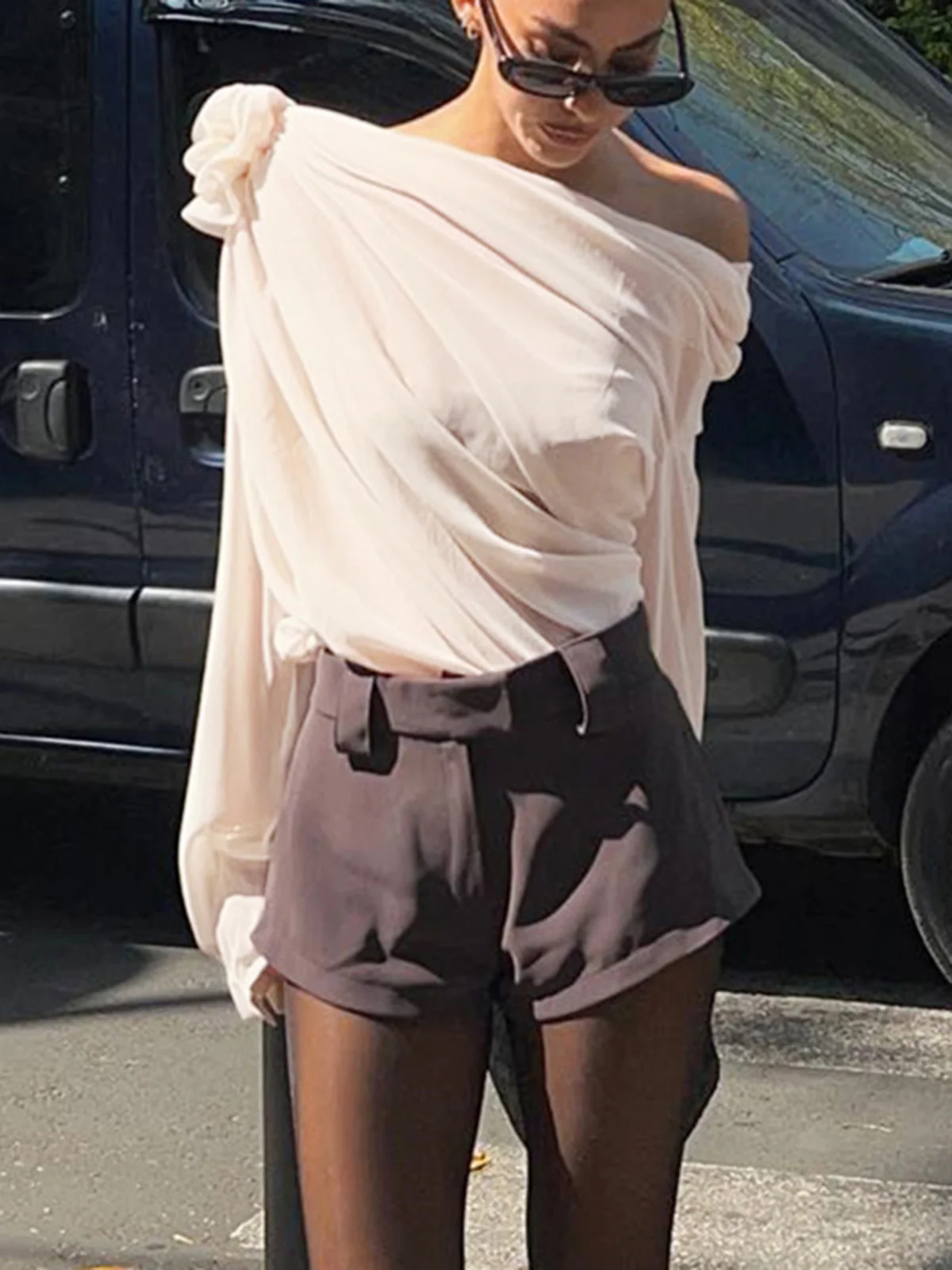 Chiffon Semi-sheer One Shoulder Asymmetrical Blouse - Takermore