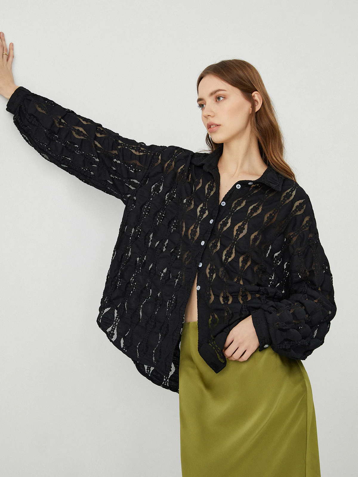 Semi-Sheer Floral Lace Button Up Shirt - Takermore