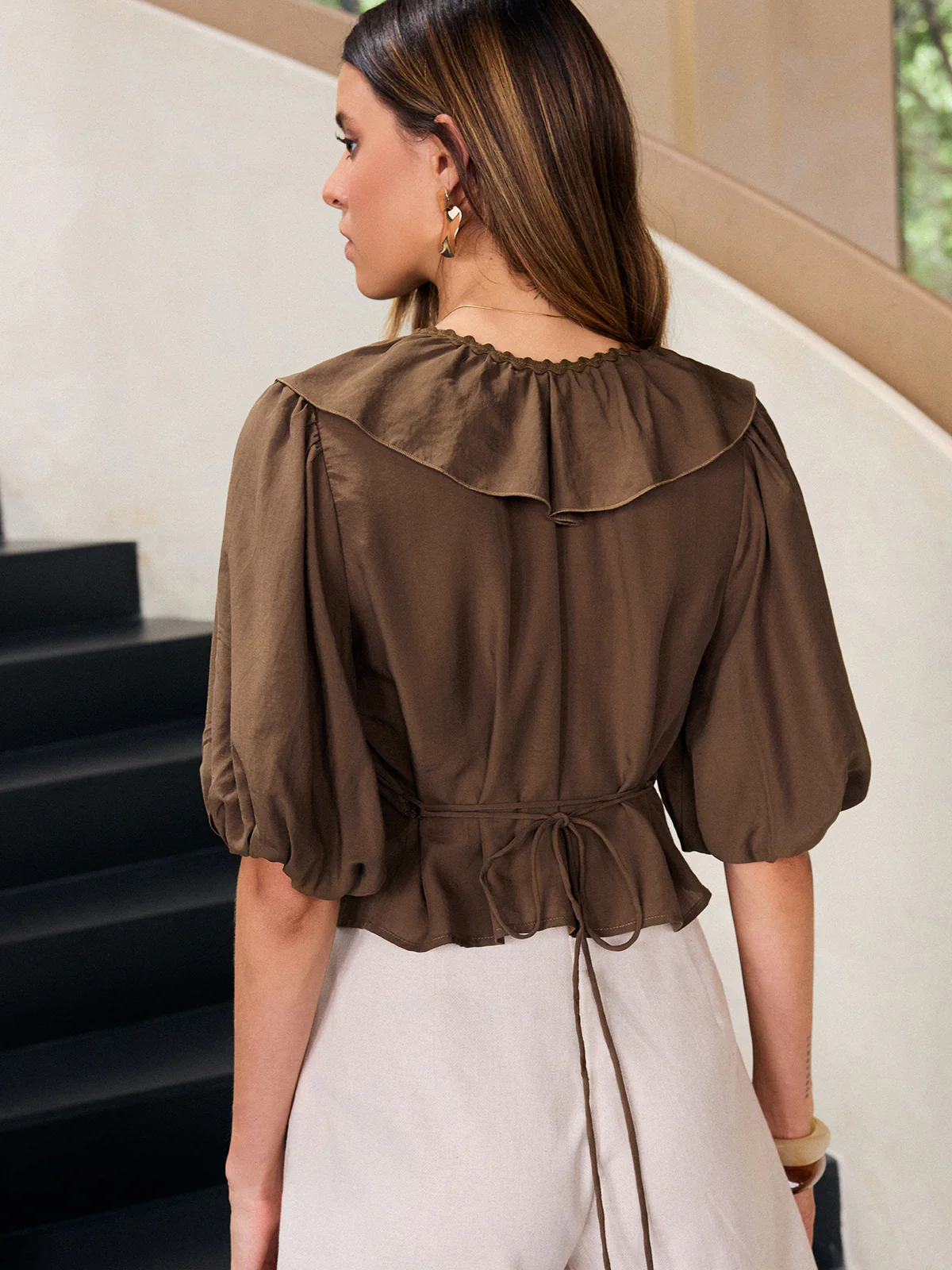 Ruffle V-Neck Puff Sleeve Tencel Blouse - Takermore
