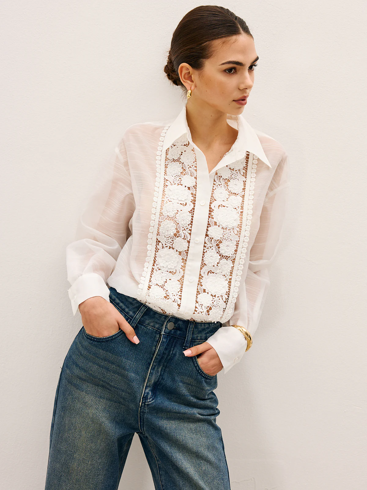 Sheer Lace Detail Blouse - Takermore