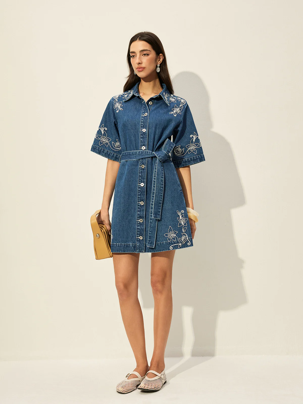 Embroidered Denim Shirt Dress With Belt - Takermore