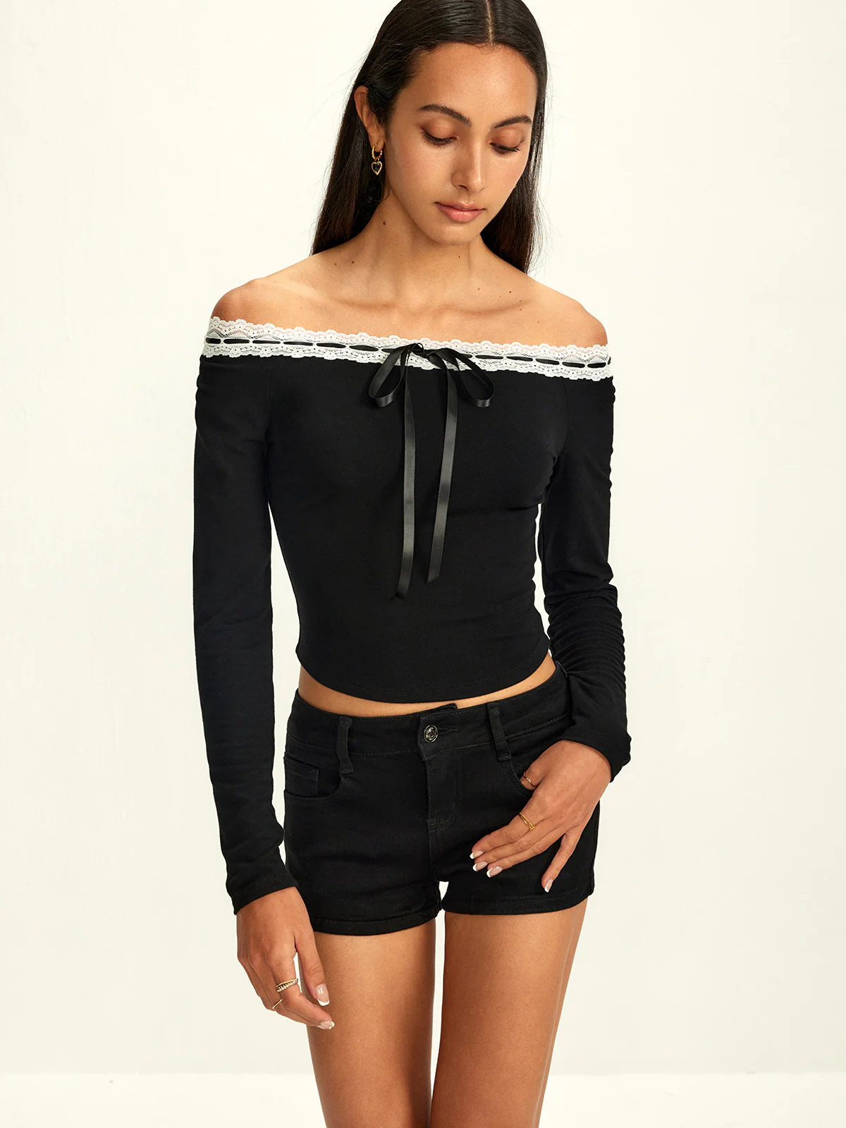 Off-Shoulder Lace Trim Blouse - Takermore