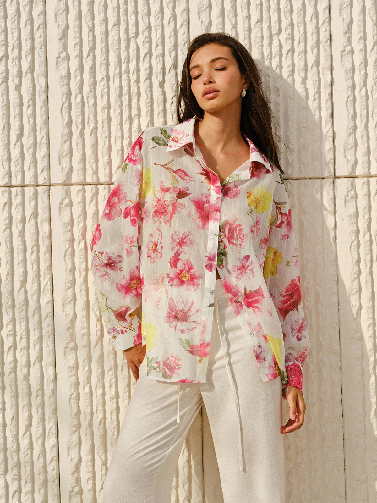 Floral Print Long-Sleeve Button-Down Shirt - Takermore