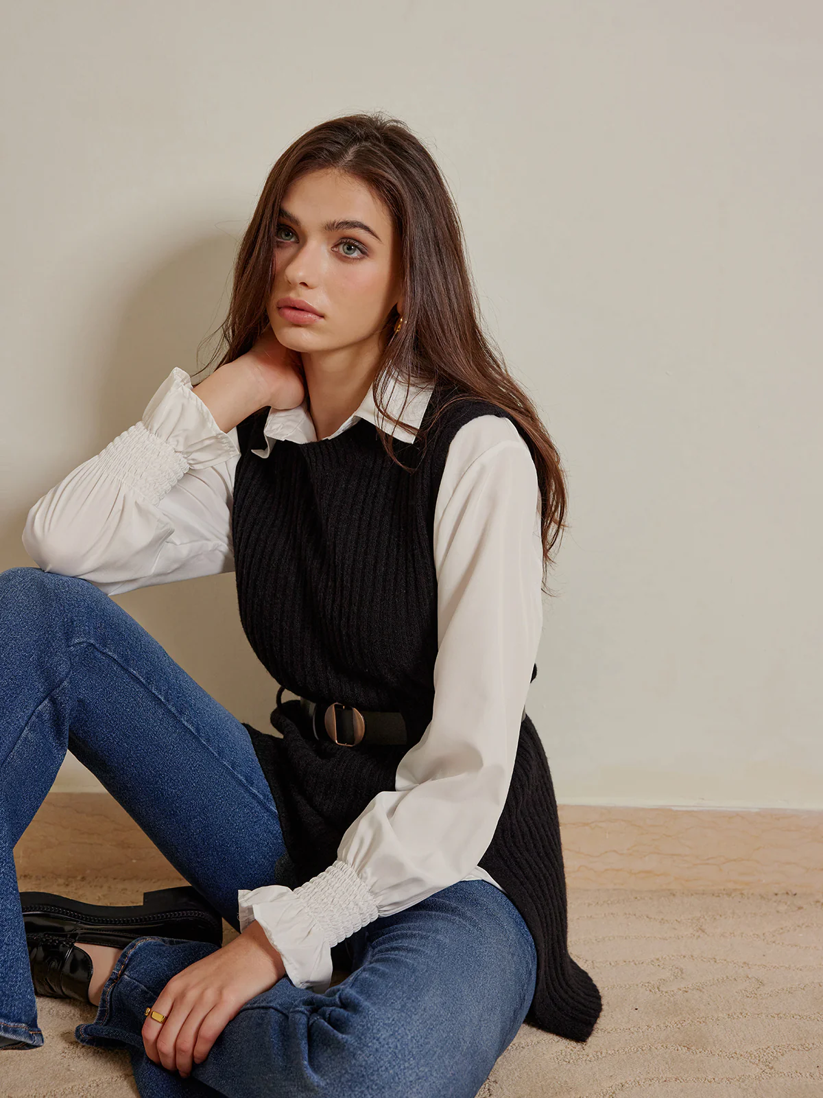 Two-Piece Belted Sweater With Polo Shirt - Takermore