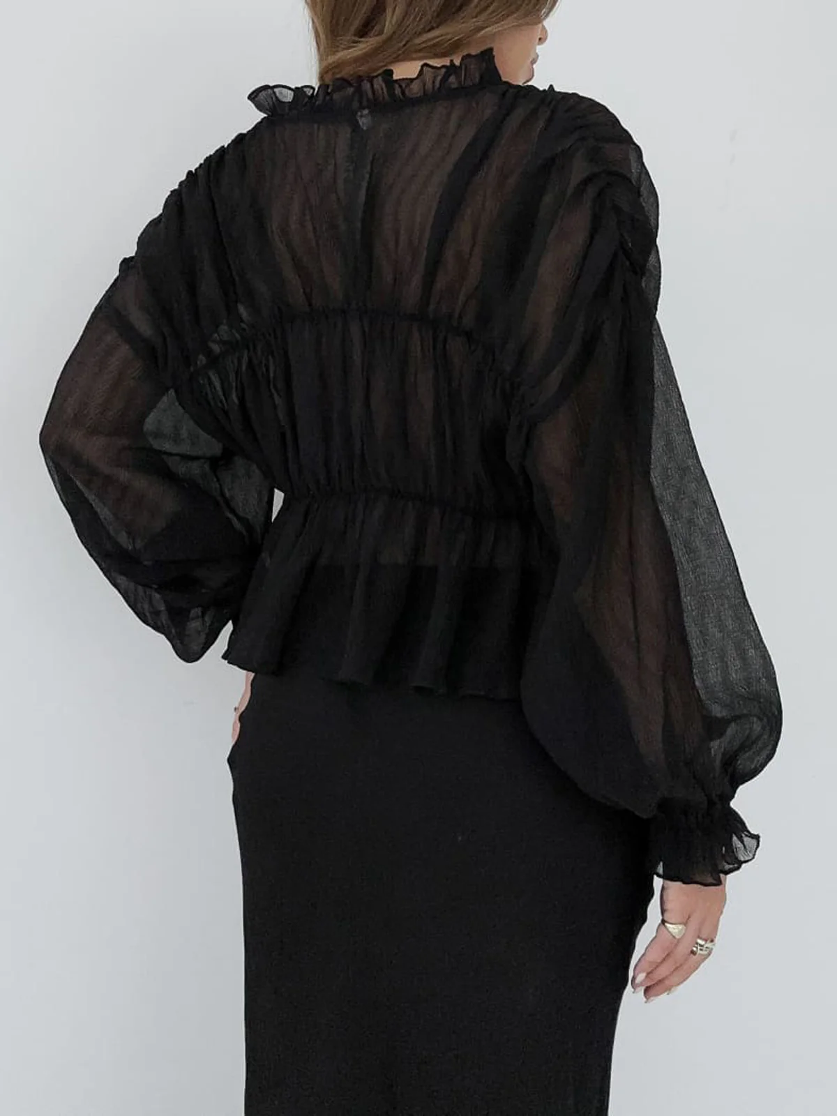 Sheer Chiffon Ruffle Detail Blouse - Takermore