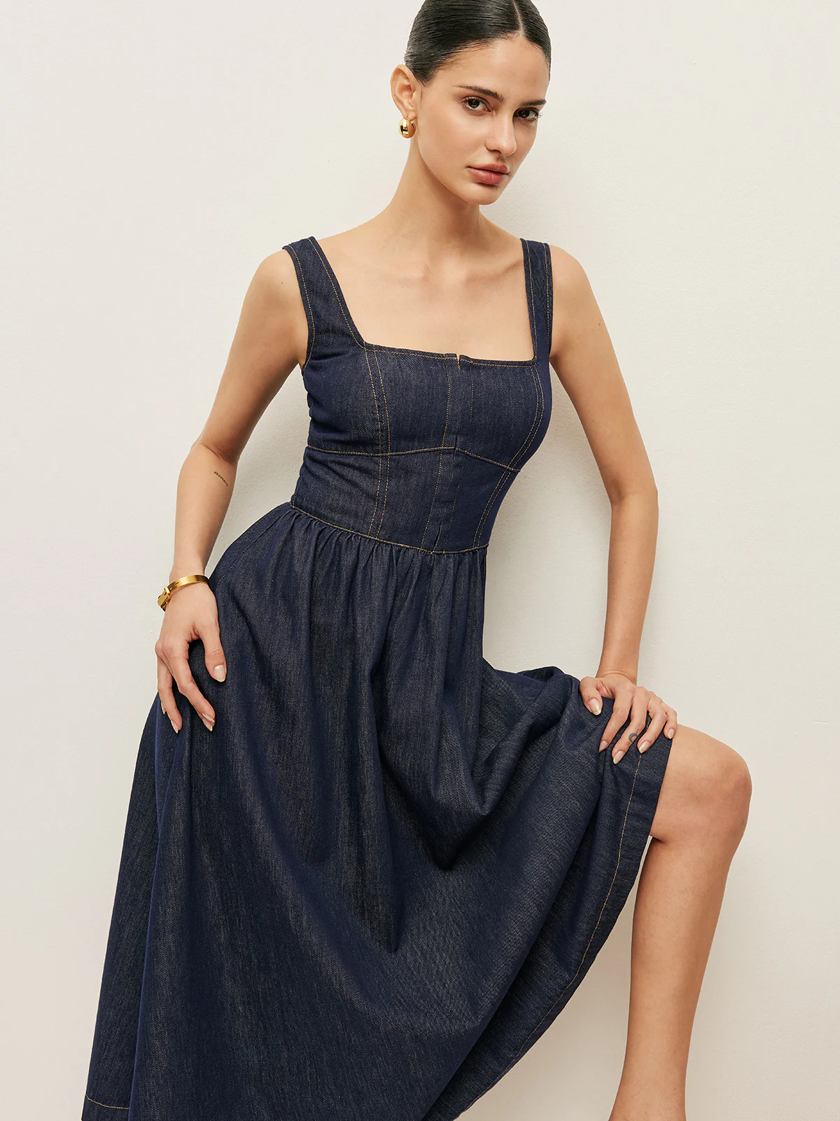 Square Neck Button-Front Denim Dress - Takermore
