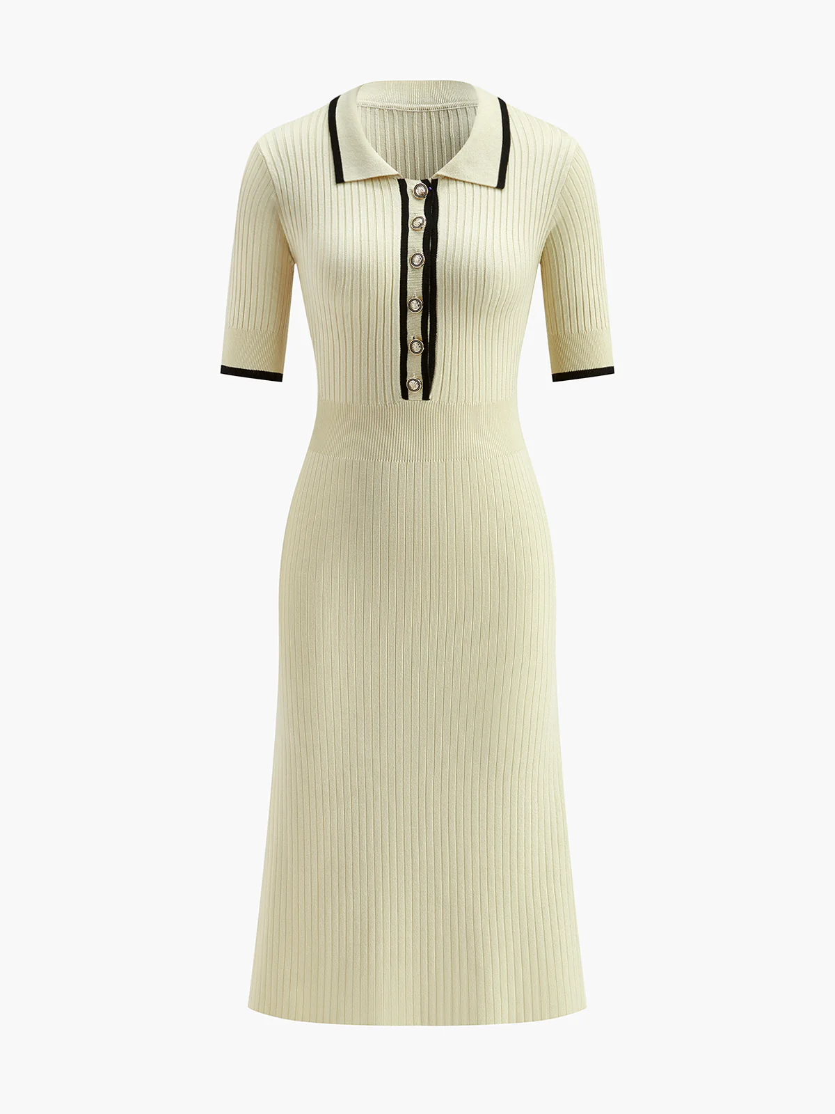 Contrast Trim Collared Rib Knit Short Sleeve Midi Dress - Takermore