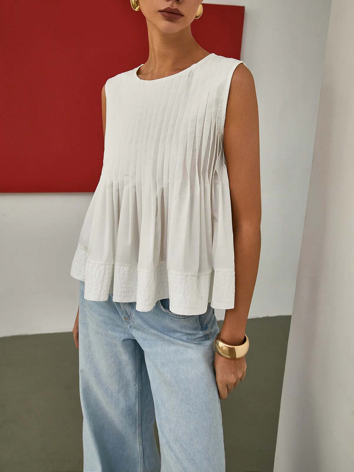 Pleated Peplum Sleeveless Blouse - Takermore