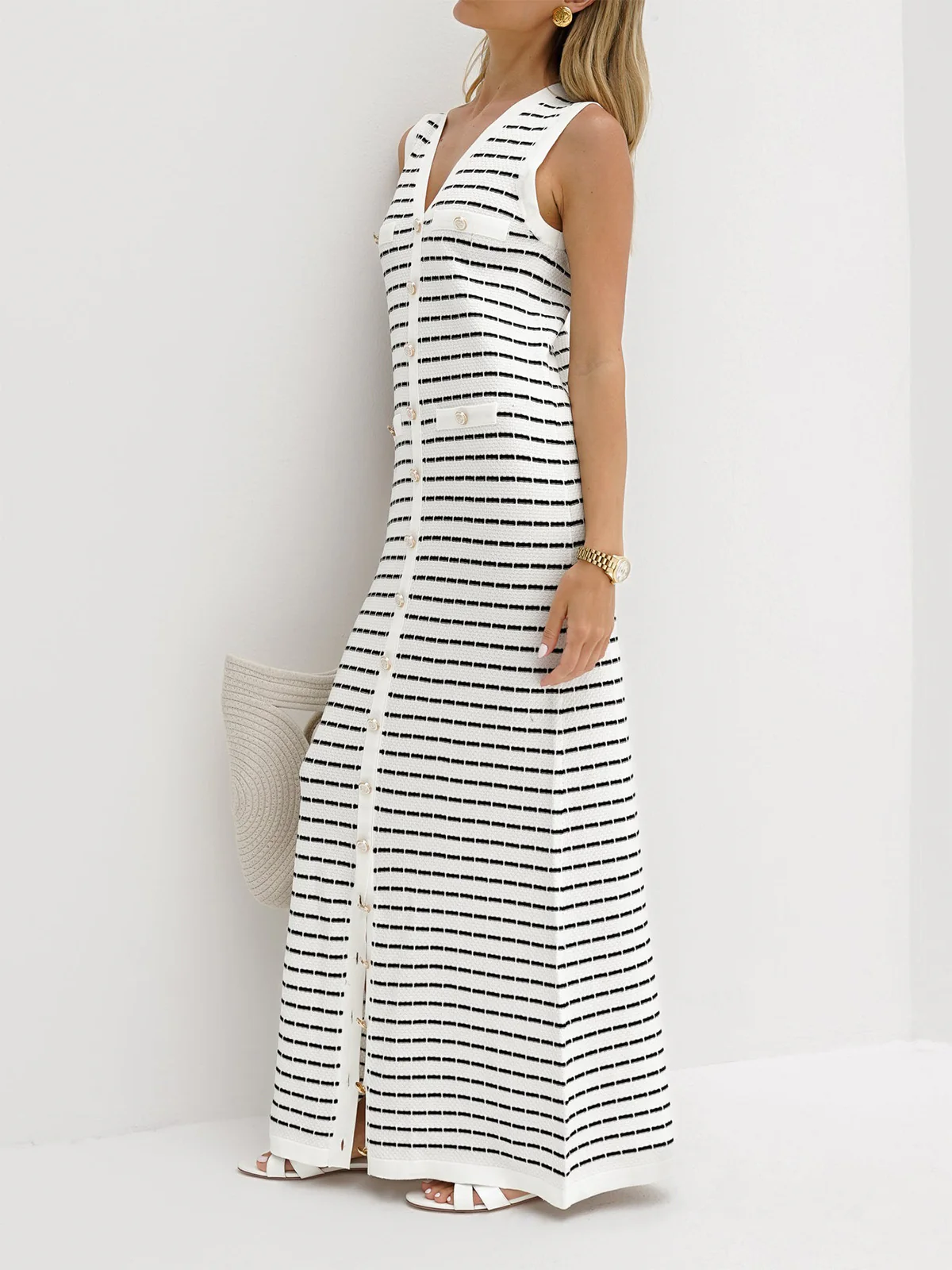 Striped Metal Button Long Sweater Dress - Takermore