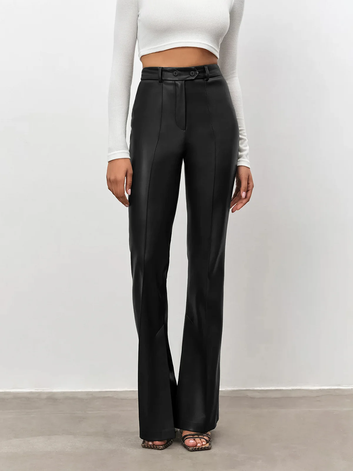 High Waisted Leather Straight Leg Flare Pants - Takermore