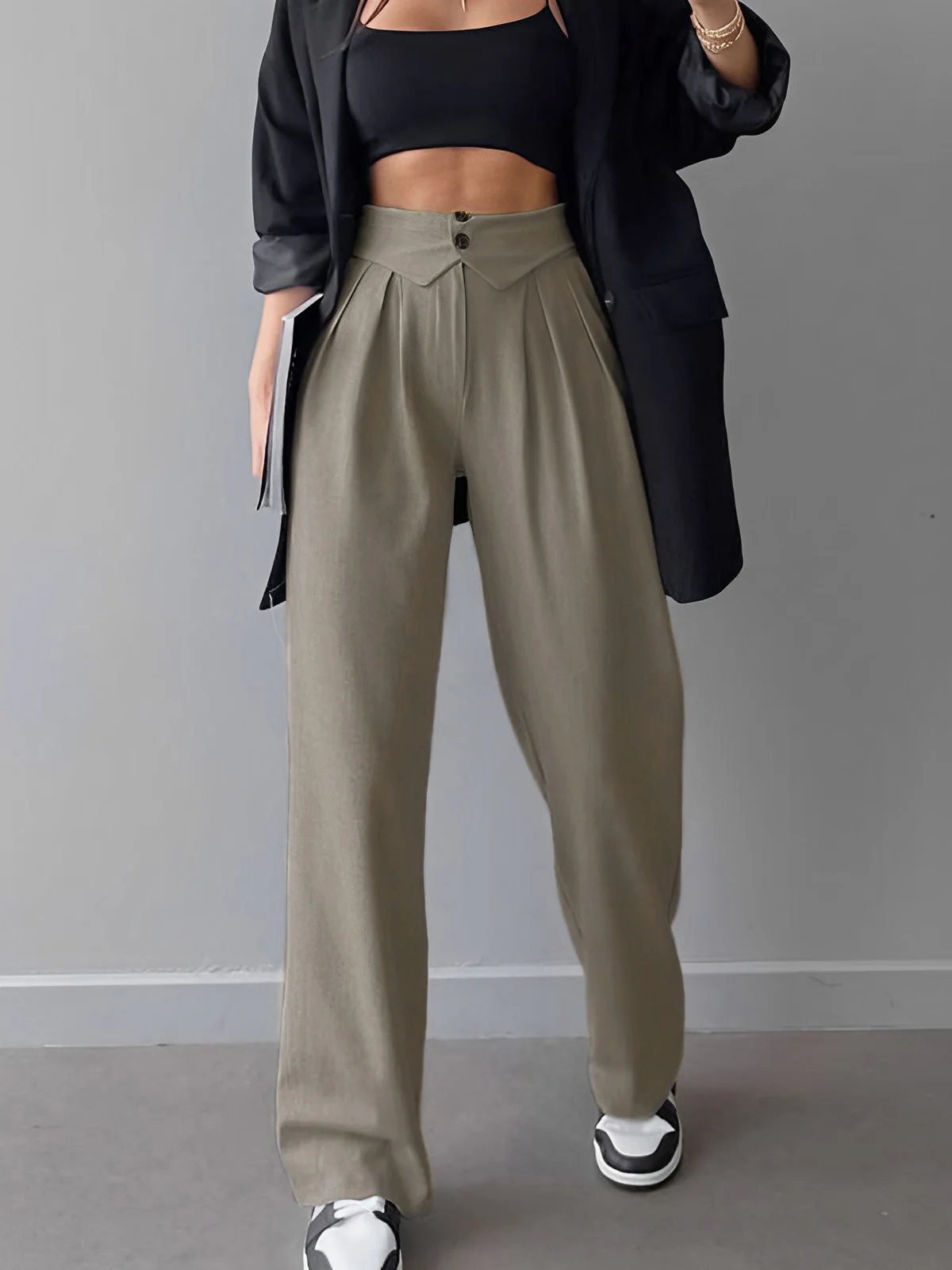 Street Fold Over Waistband Straight Leg Dress Pants - Takermore