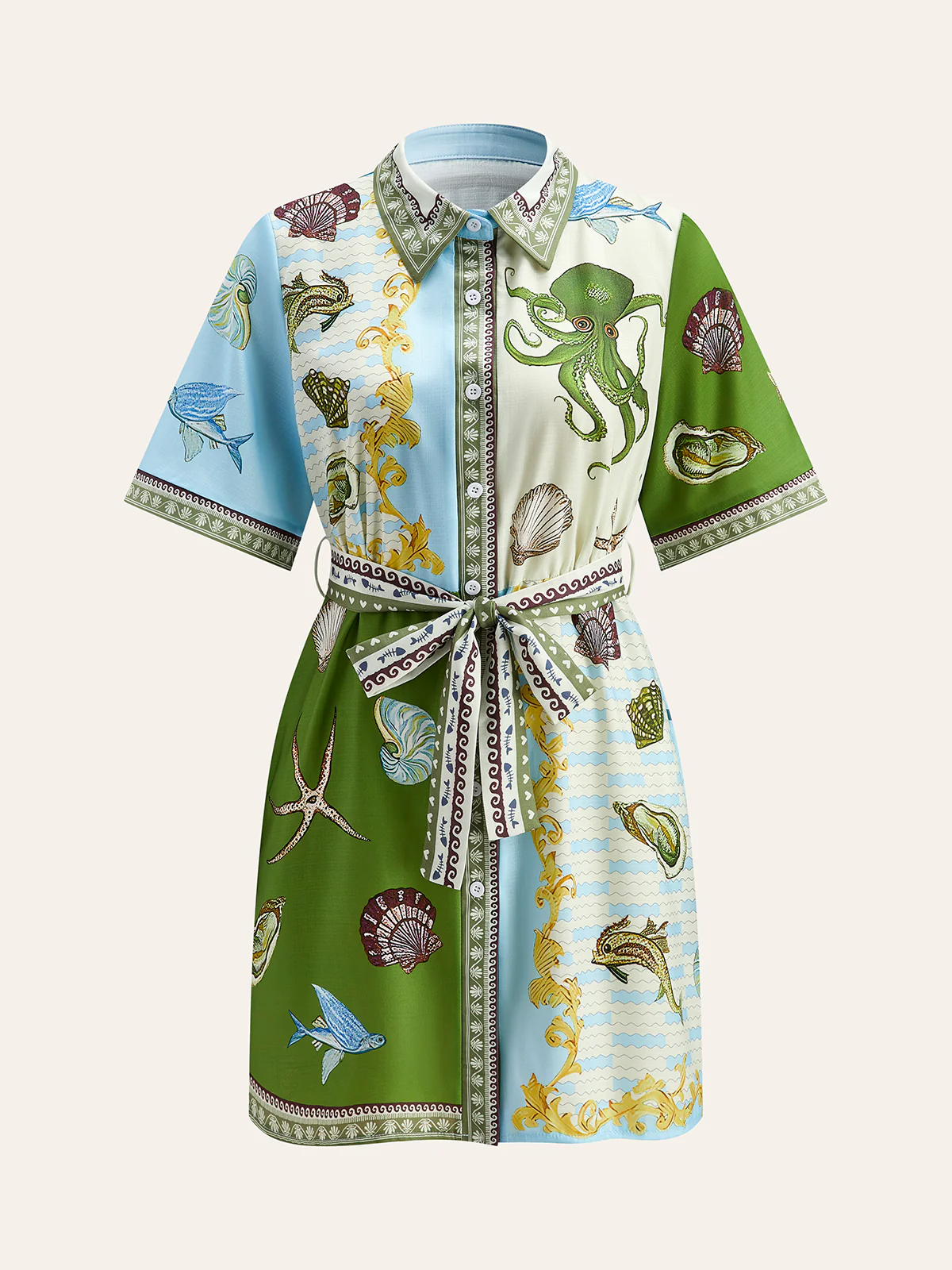 Button-Down Collar Aquatic-Print Shirt With Belt - Takermore