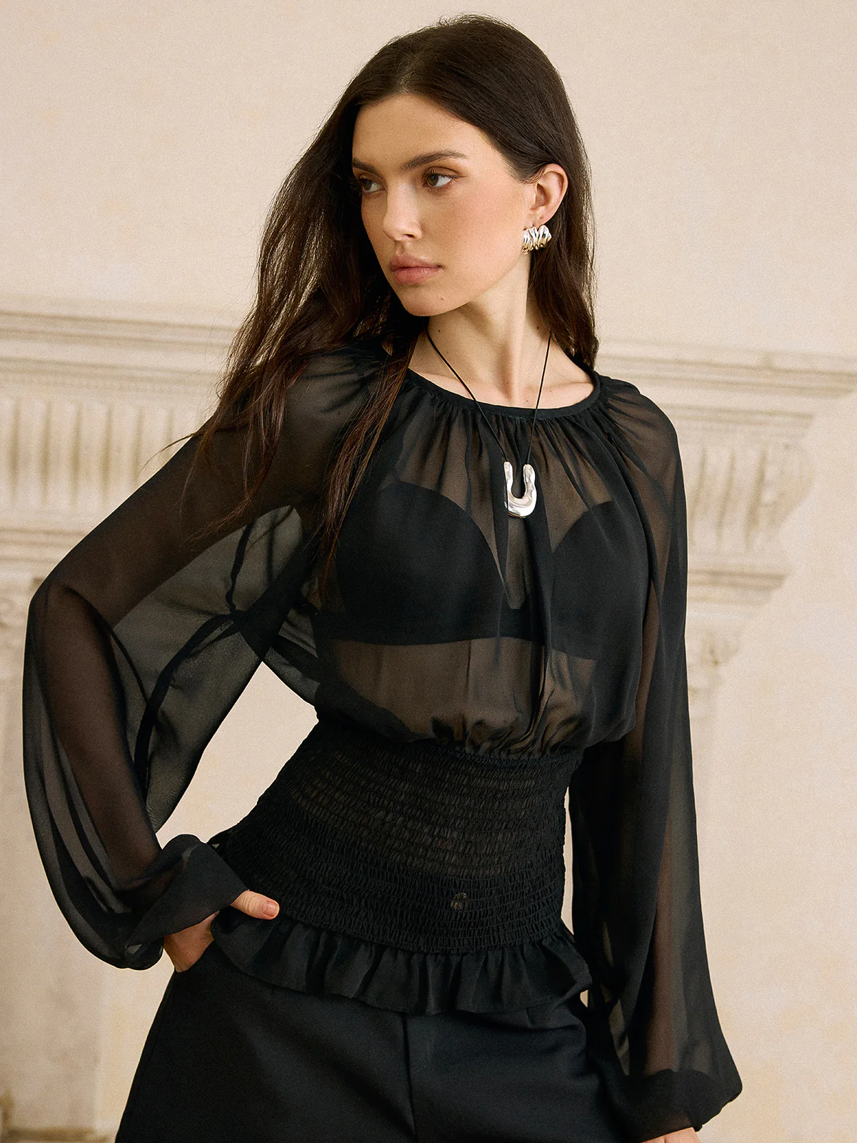 Sheer Chiffon Smocked Waist Blouse - Takermore
