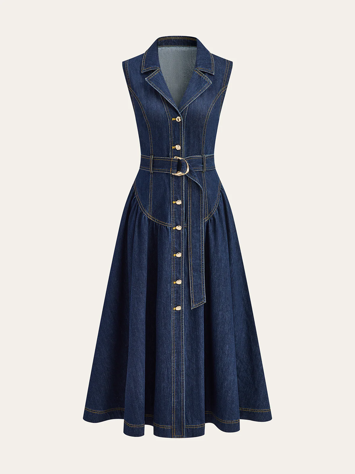 Metal Detail Denim Button-Front Belted Dress - Takermore