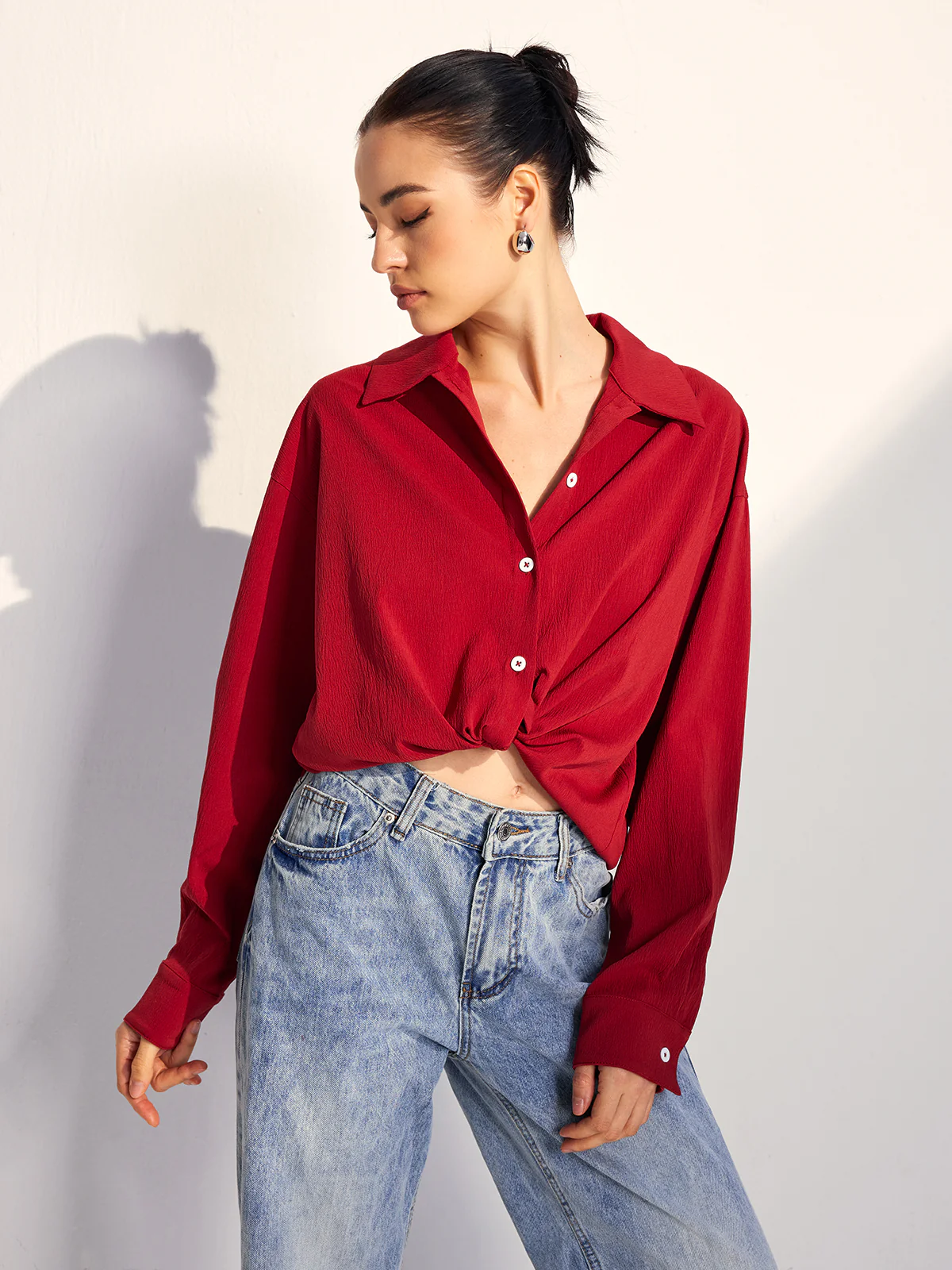 Oversized Solid Lapel Button Draped Shirt - Takermore