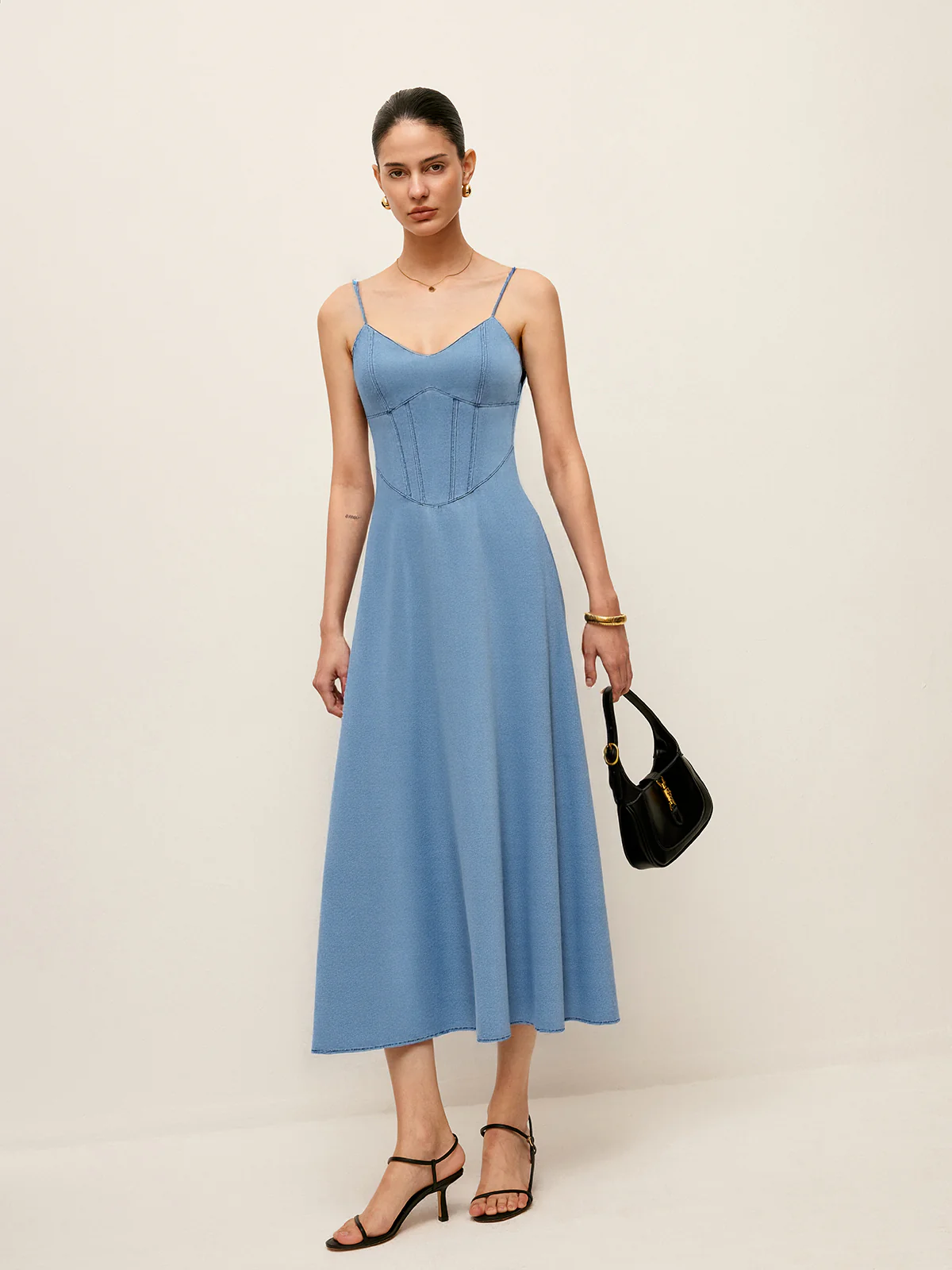 Denim Spaghetti Strap Midi Dress - Takermore