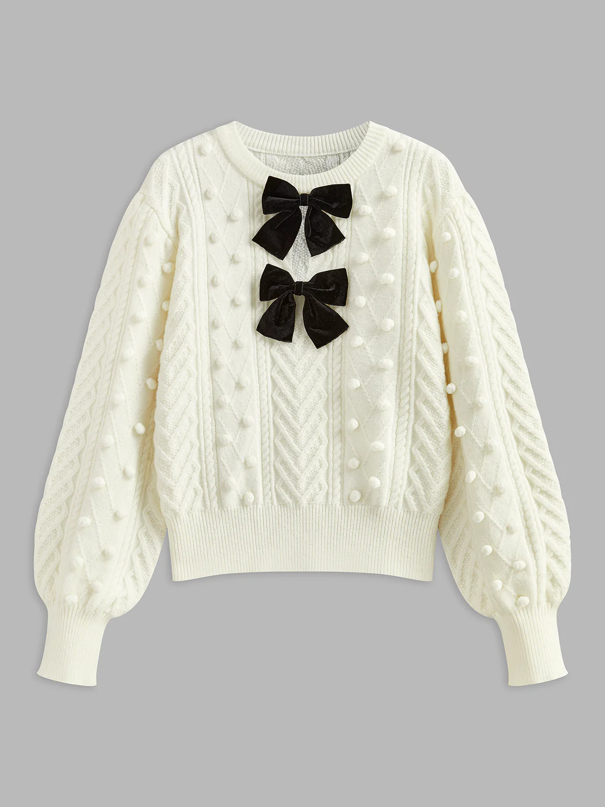 Bow Front Knit Ball-Decor Sweater - Takermore